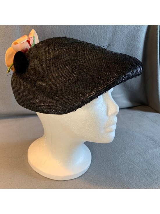 Abramson\'s Ladies Black Hat Silk Flower and Velvet Button Vintage main image 8